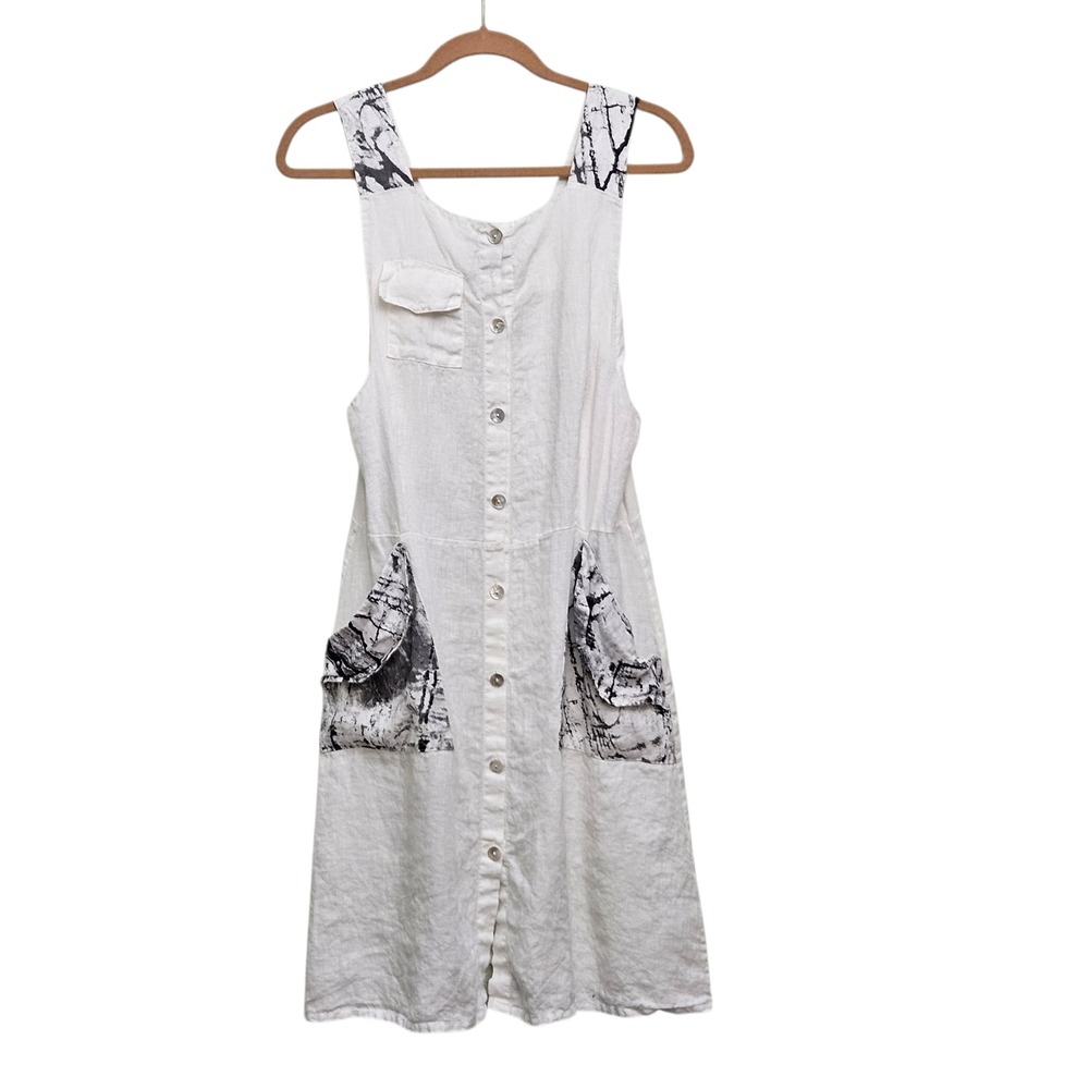 Inizio Linen Pinafore Dress M White Button Front Cargo Pockets Lagenlook Artsy